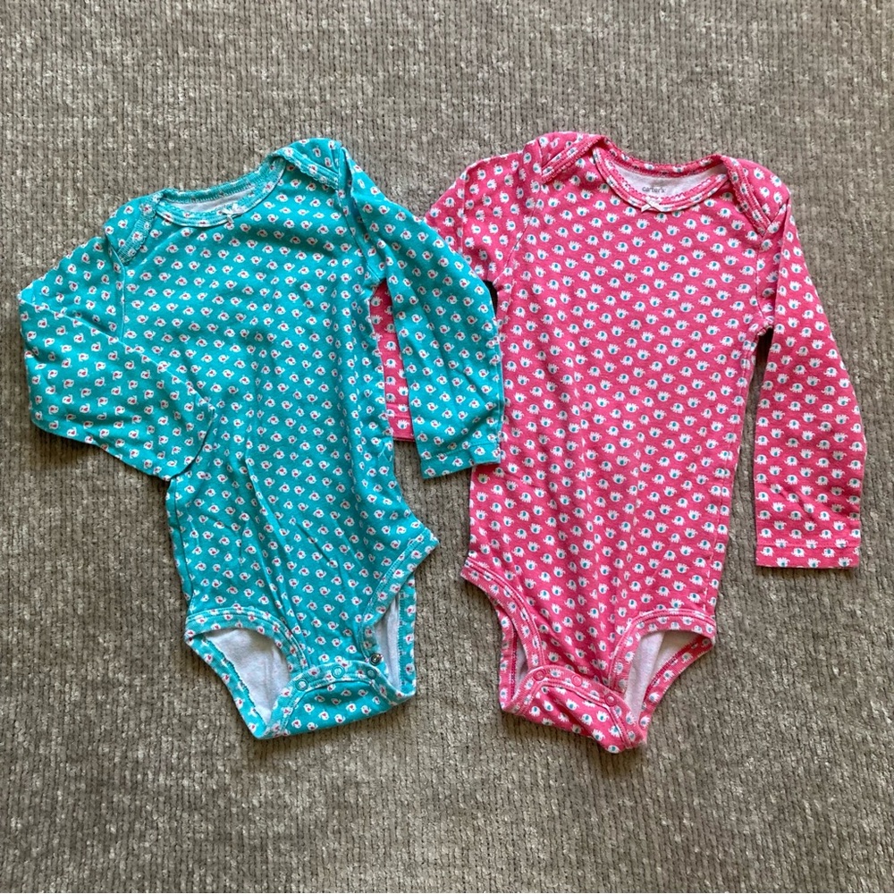 Carter’s 24M Long Sleeve Bodysuits Pink Teal Elephant Bird Print Set Lot of 2
